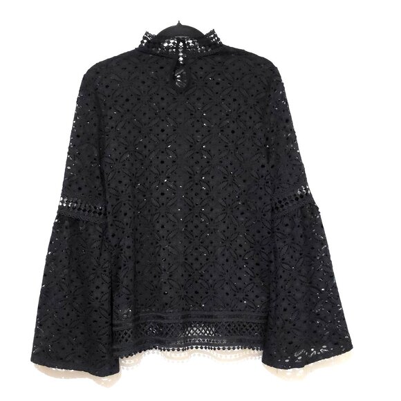 Cable & Gauge Womens Peasant Top Large Open Black Lace Bell Ballooon Boho Mock - Picture 2 of 7